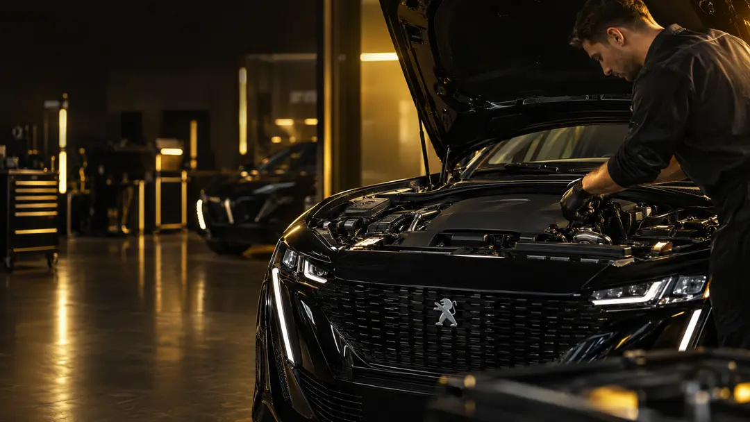 Mecânico inspecionando motor de veículo francês em oficina premium